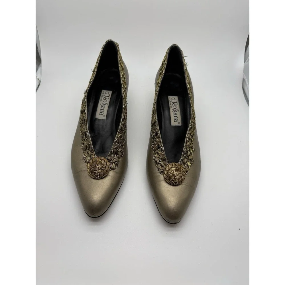 d'Rossana By Charna Gold Leather Embellished Heels, Size 8